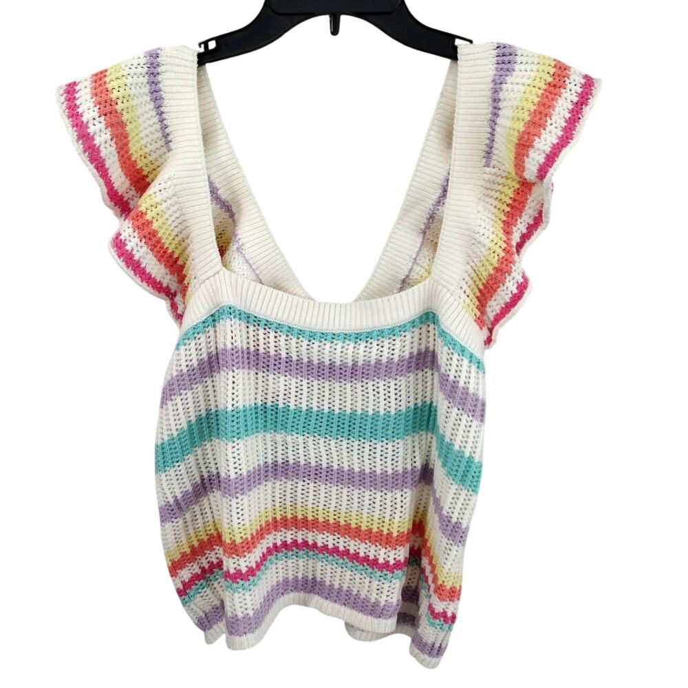 Weekend LA Rainbow Striped Ruffle-Sleeve Crochet Top Women's XL FESTIVAL VIBES